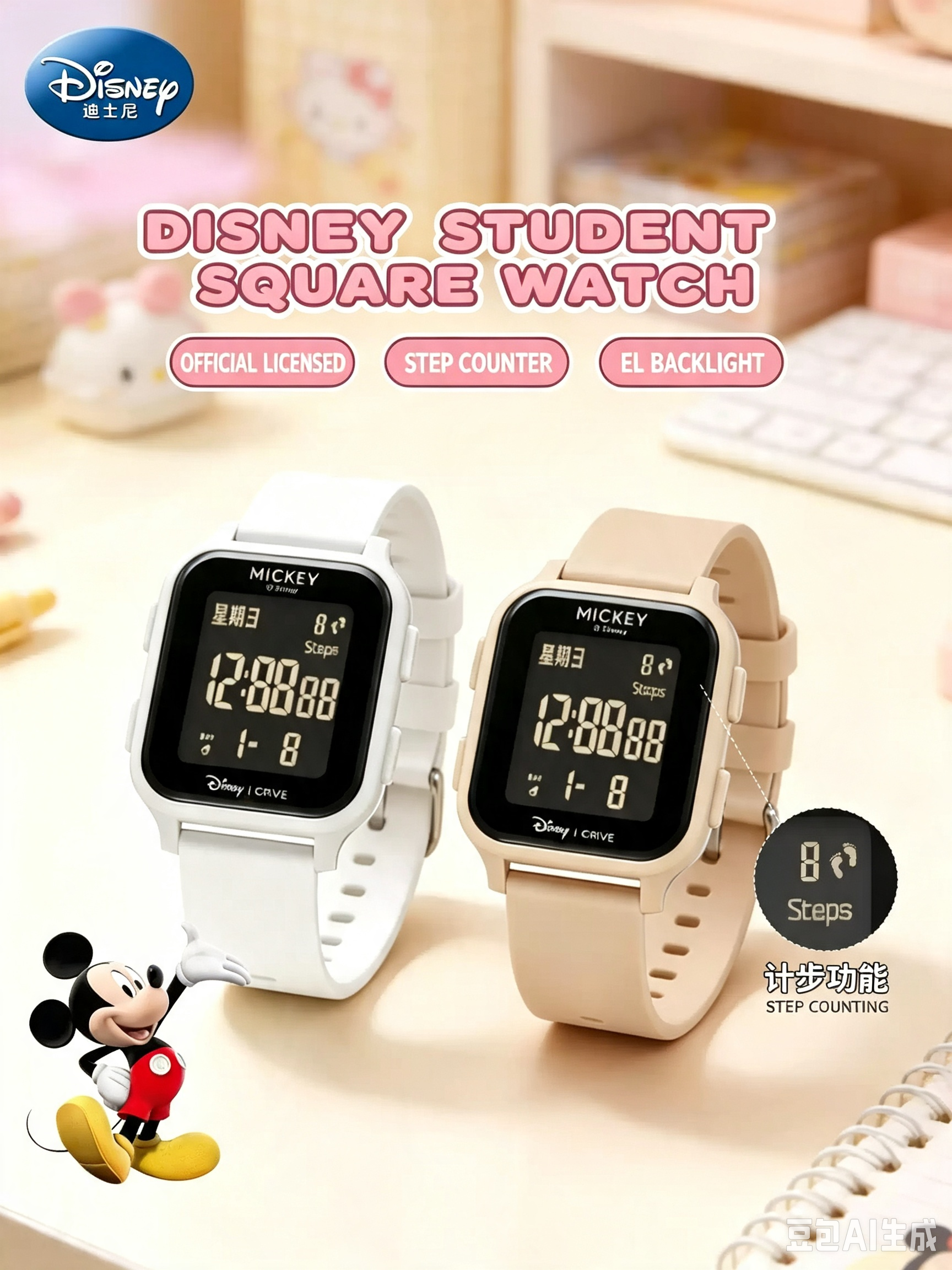 Disney Mickey Square Digital Watch, 50M Waterproof Student Watch with Step Counter