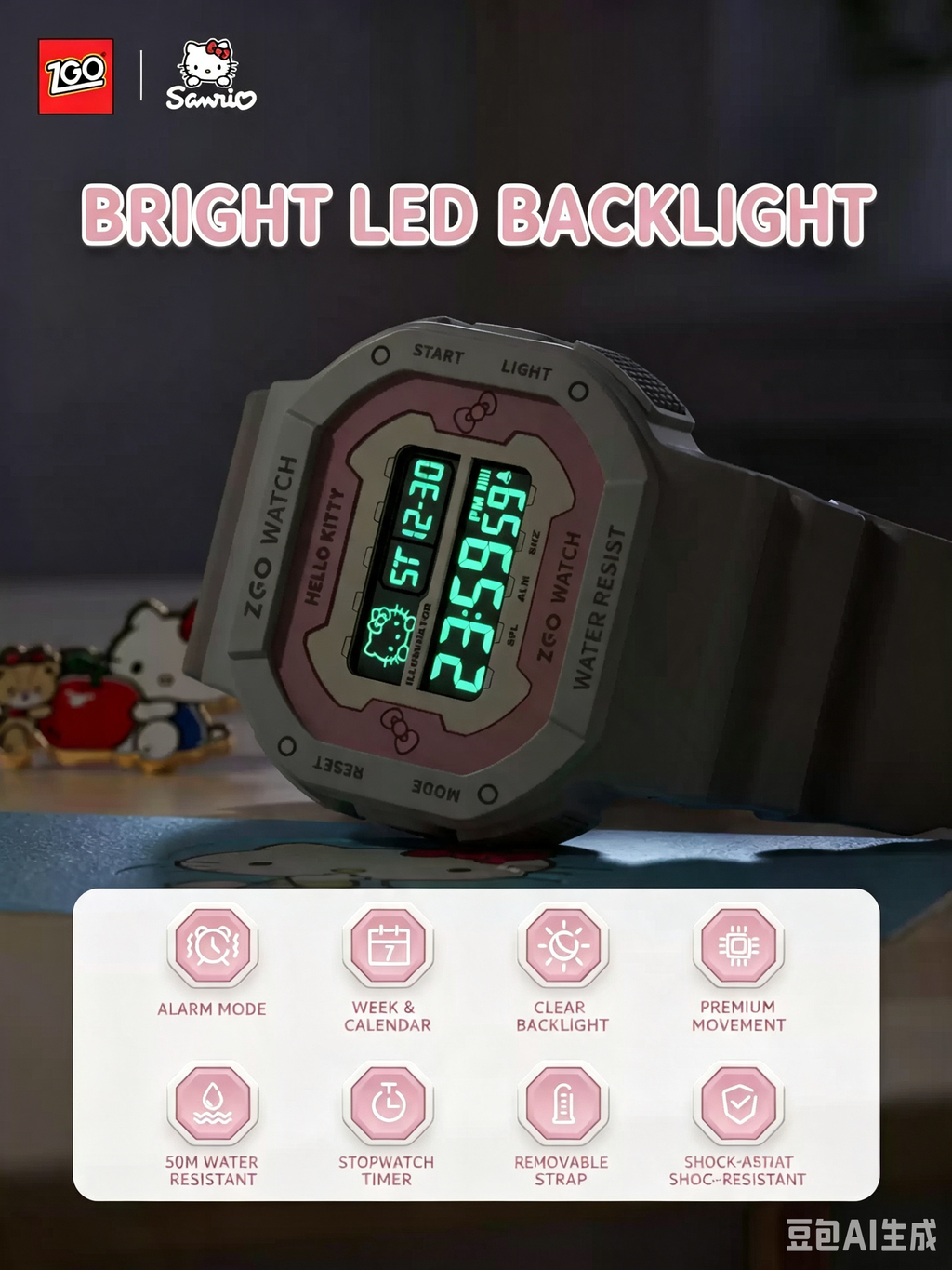 ZGO x Sanrio Hello Kitty Digital Sports Watch, 50M Waterproof LED Backlight Alarm Stopwatch Wrist Watch, Girls Student Watch With Sanrio Gift Box