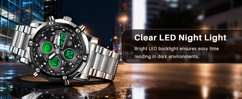 SKMEI Mens Wrist Watch, Waterproof Military Analog Digital Watches with LED Multi Time Chronograph, Stainless Steel Business Watches for Men
