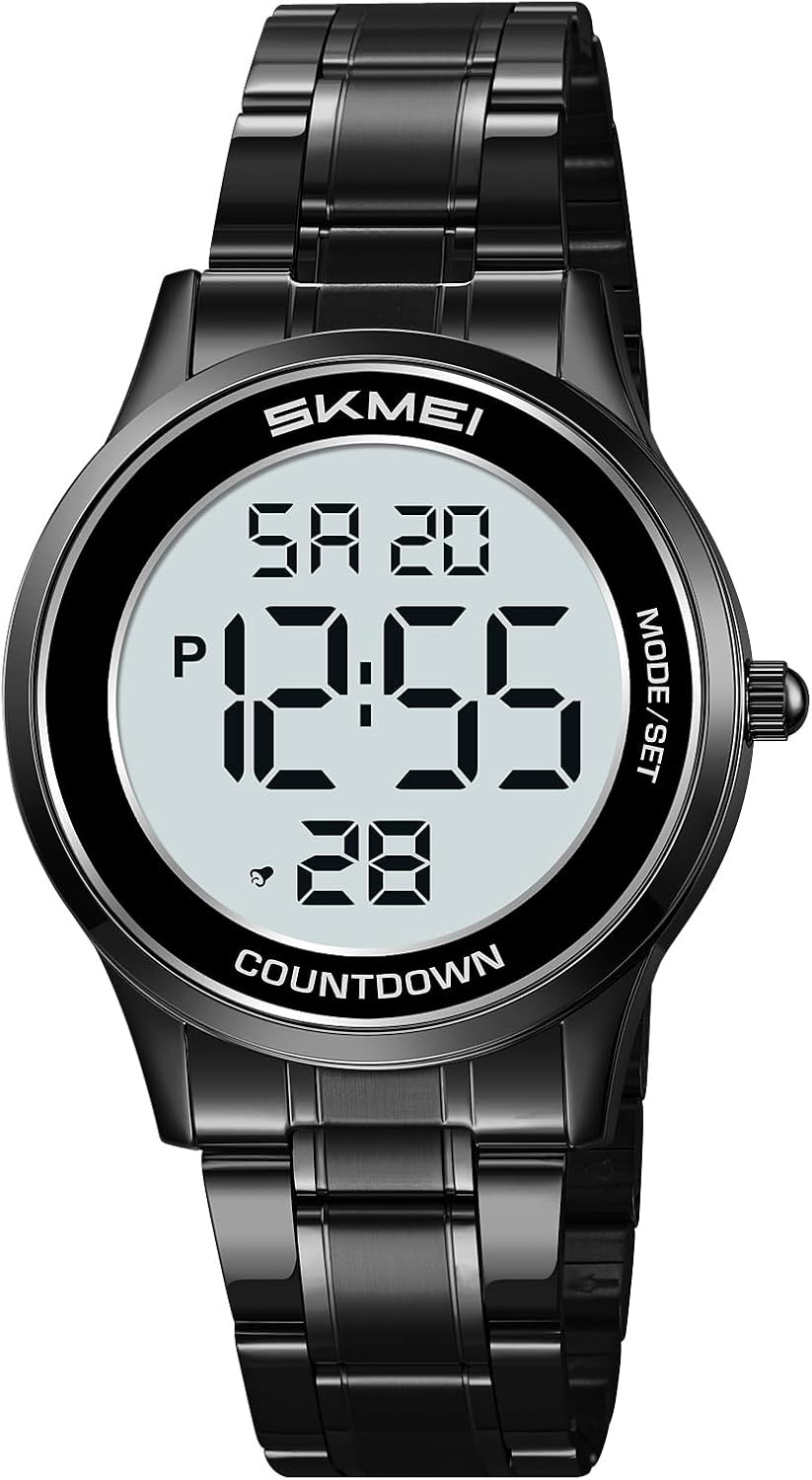 FANMIS Men’s and Women’s Digital Retro Watch with Stainless Steel Bracelet Waterproof LED Wristwatch with Alarm, Stopwatch, Countdown, Classic Business Watches