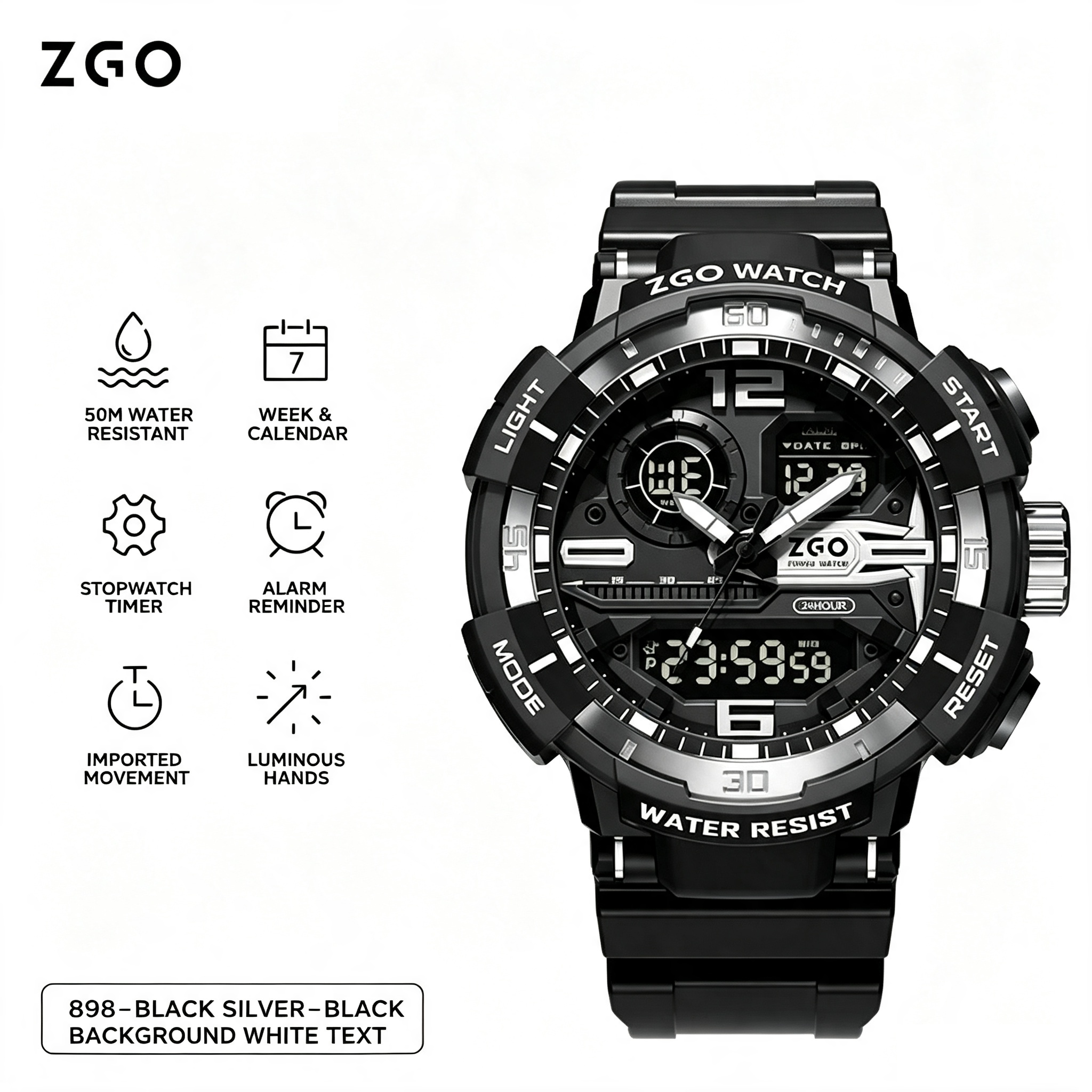 ZGO Black Silver Mecha‑Style Student Electronic Watch, 50M Water Resistant Luminous Hands Sports Wristwatch for Boys