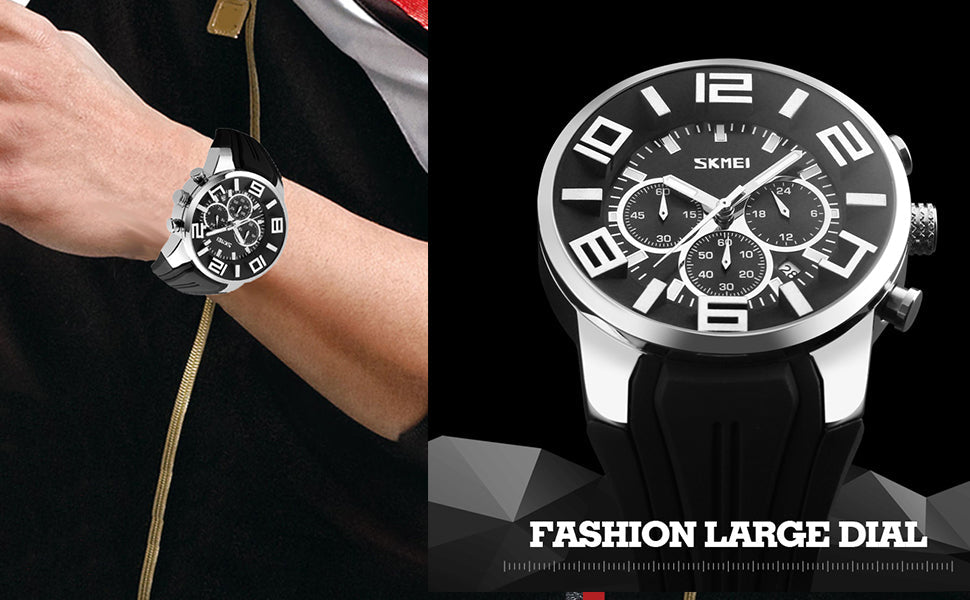 SKMEI Men Watches Silicone Band Young Waterproof Sports Fashion Casual Large Big Face Chronograph Luxury Luminous Analog Quartz Black Wrist Watch Gifts
