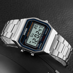 SNE Men's Digital Watch Stainless Steel Band Water Resistant Electronic Square LED Back Light Wristwatch