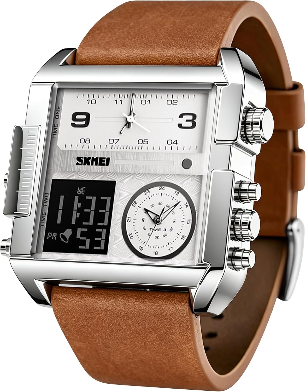 SKMEI Men's Digital Sports Watch, LED Square Large Face Analog Quartz Wrist Watch with Multi-Time Zone Waterproof Stopwatch