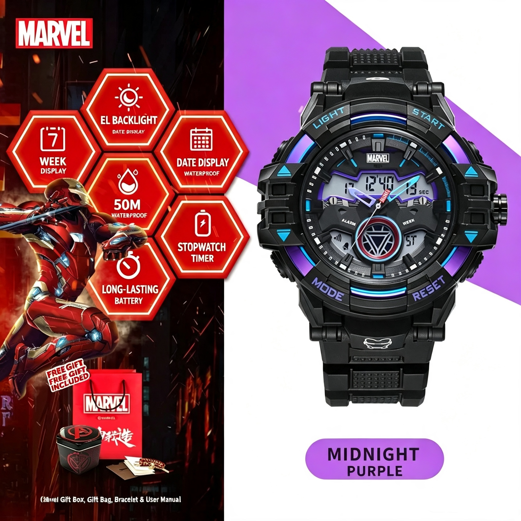 Marvel Iron Man 2026 Digital Watch for Boys-With Marvel Gift Box, Gift Bag, Bracelet & User Manual