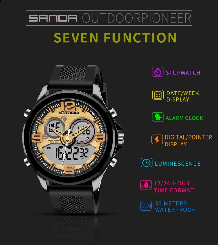 SANDA 793 large Dial Tide Watch Student Fashion Trend Multi Function Double Glow Waterproof Electronic Watch