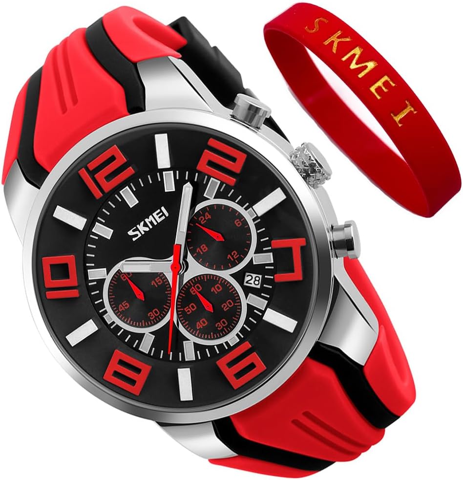 SKMEI Men Watches Silicone Band Young Waterproof Sports Fashion Casual Large Big Face Chronograph Luxury Luminous Analog Quartz Black Wrist Watch Gifts