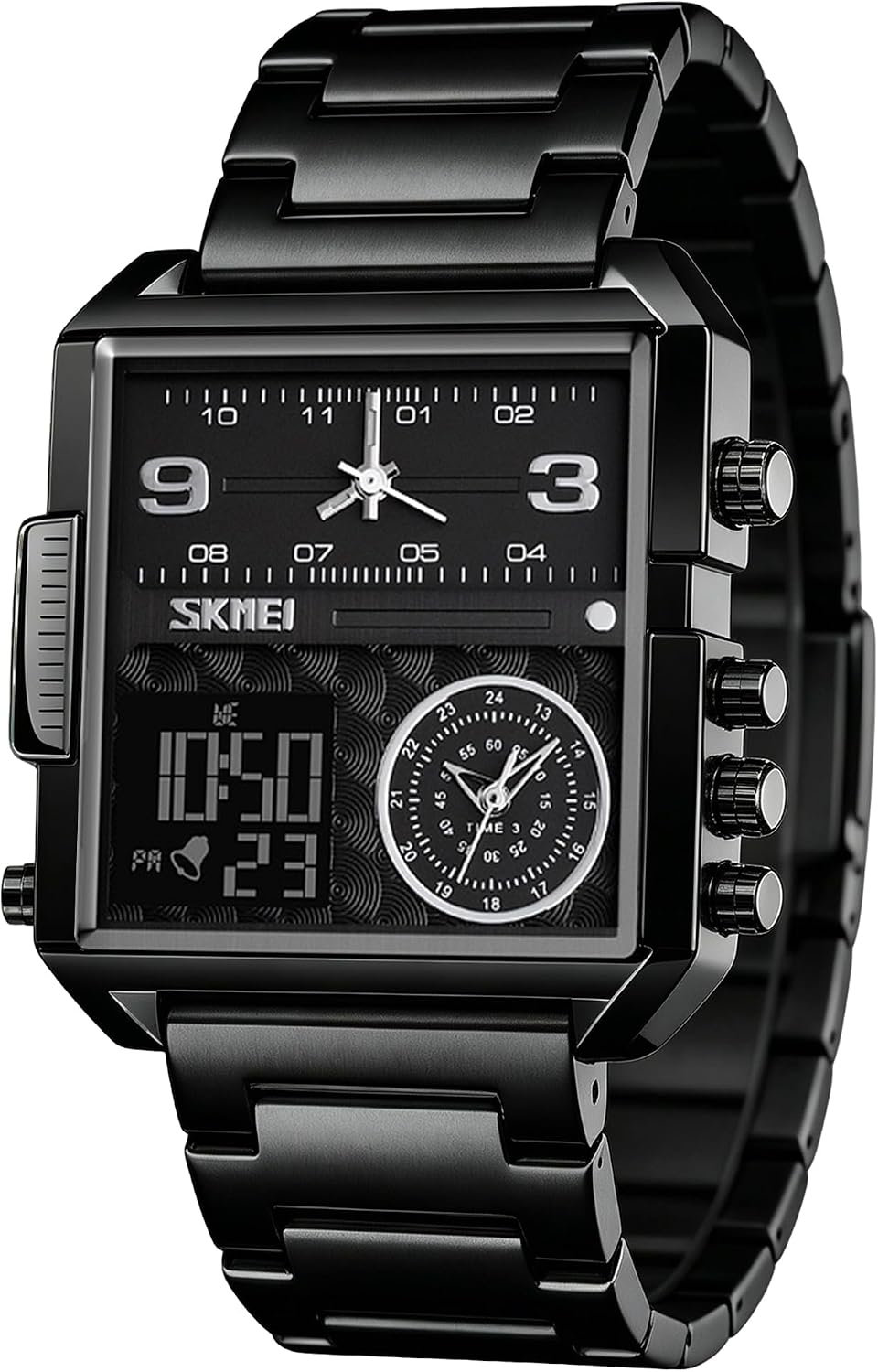 SKMEI Men's Digital Sports Watch, LED Square Large Face Analog Quartz Wrist Watch with Multi-Time Zone Waterproof Stopwatch