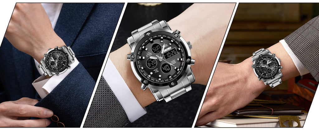 SKMEI Mens Wrist Watch, Waterproof Military Analog Digital Watches with LED Multi Time Chronograph, Stainless Steel Business Watches for Men
