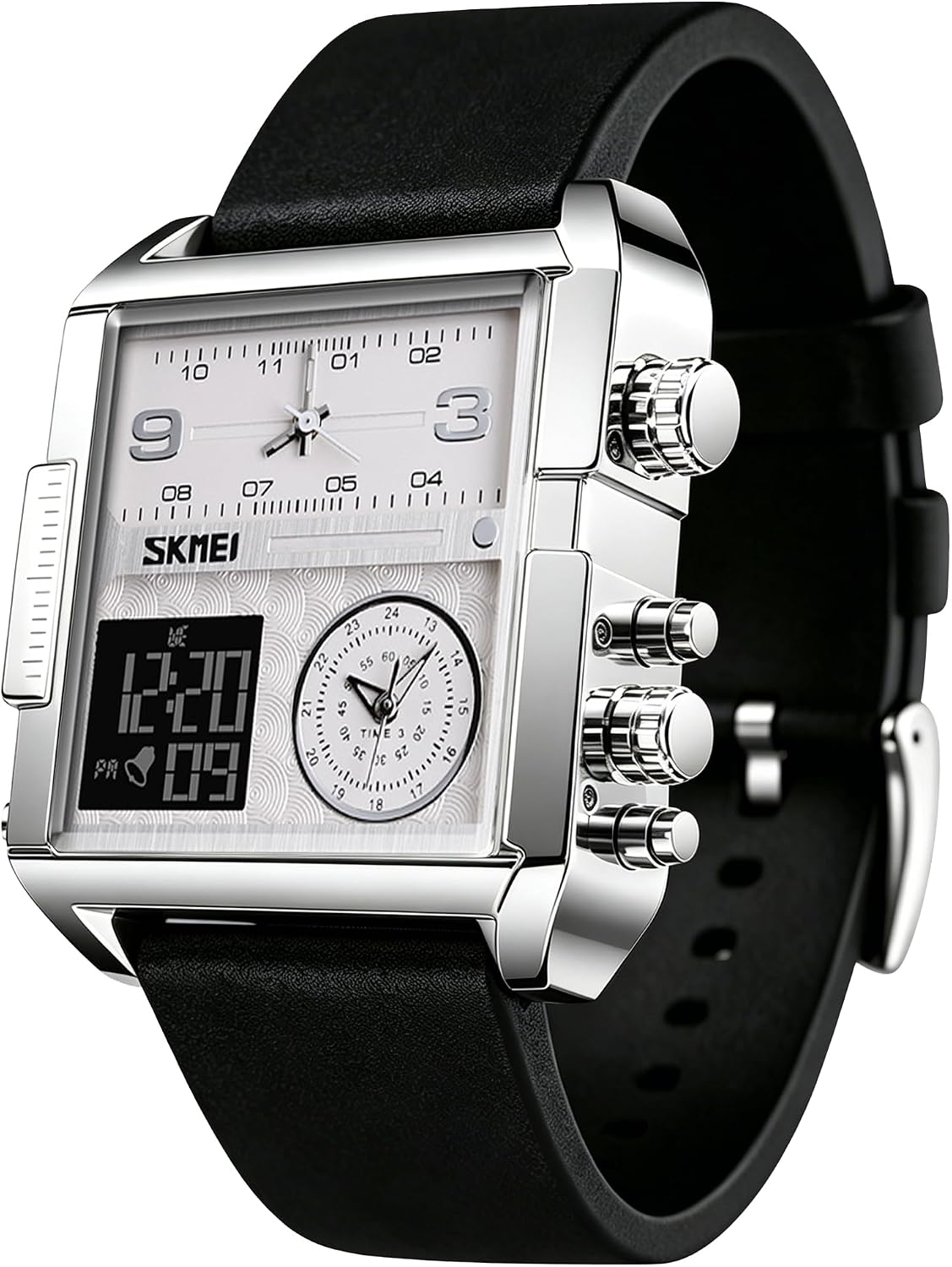SKMEI Men's Digital Sports Watch, LED Square Large Face Analog Quartz Wrist Watch with Multi-Time Zone Waterproof Stopwatch